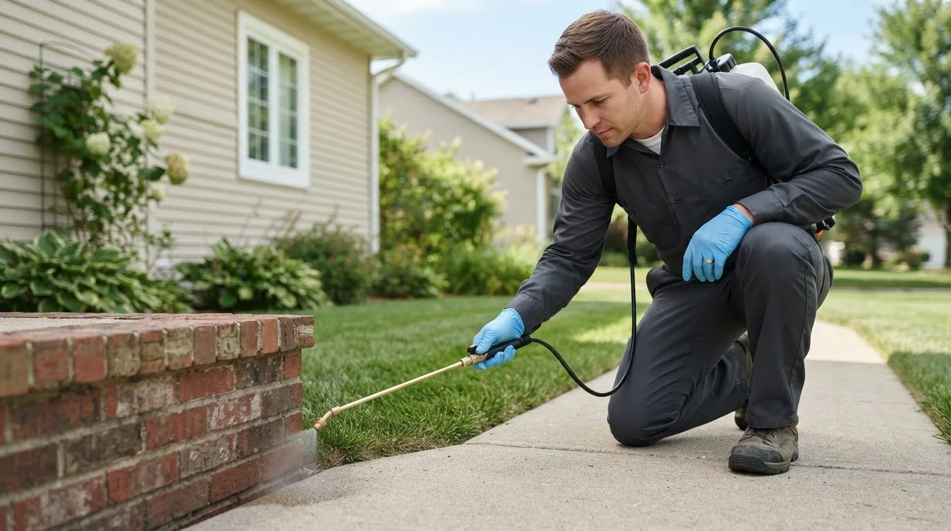 Pest control technician treating a home near Lake Park, MN